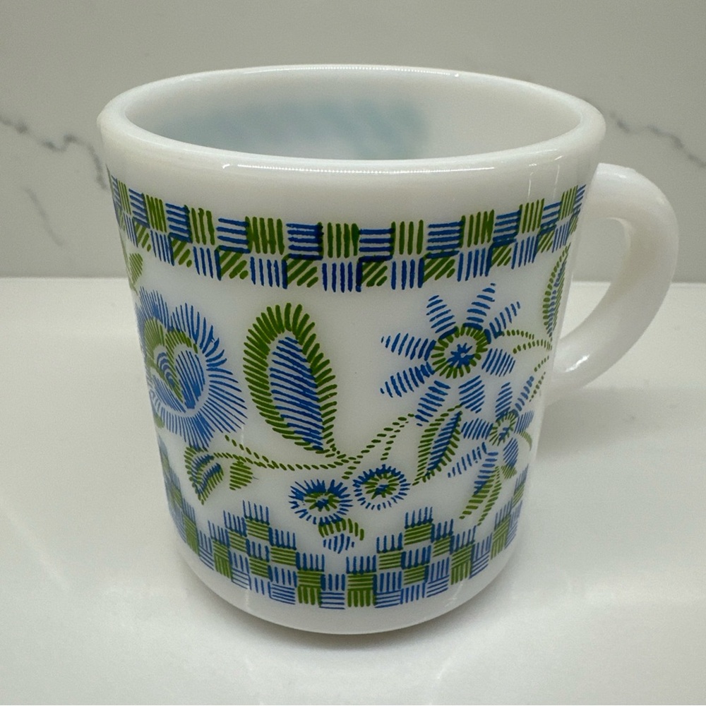 Vintage Hazel Atlas Milk Glass Blue Green Floral Stitch Checkered Mug Cup